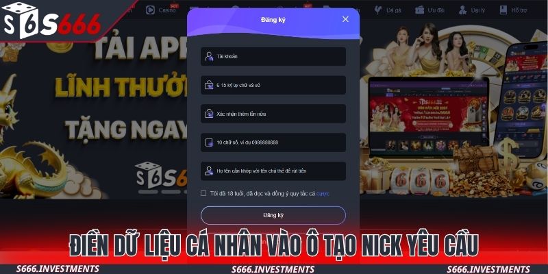 Điền dữ liệu cá nhân vào ô tạo nick yêu cầu